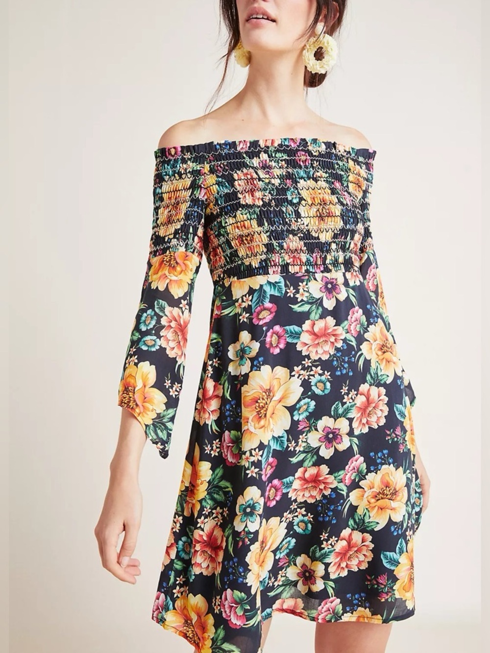 Farm Rio x Anthropologie Smocked Floral Off Shoulder Mini Dress Black Size M